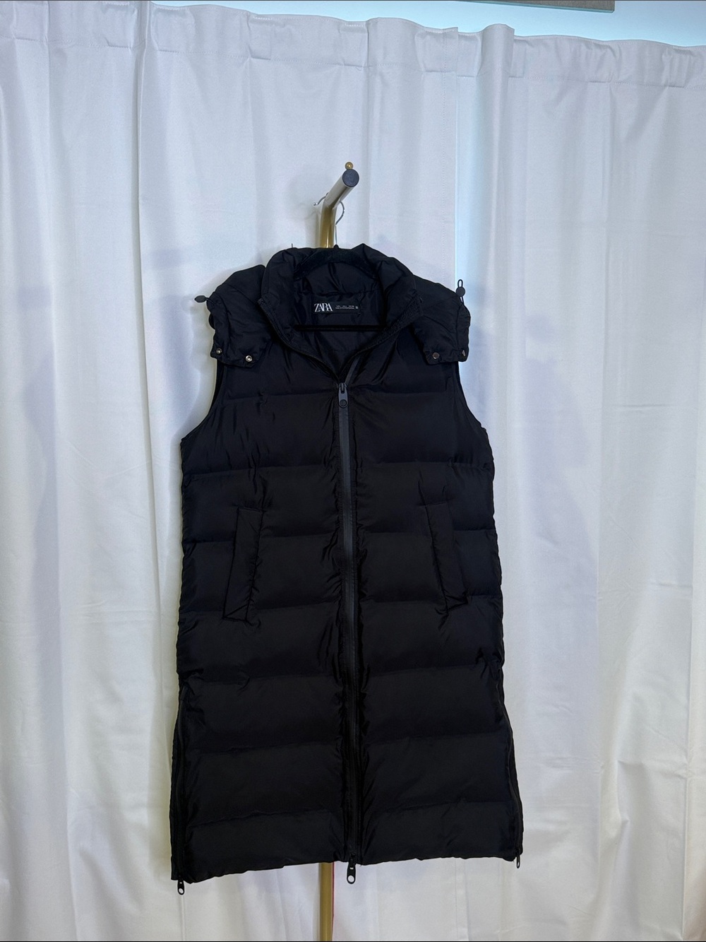 Zara Black Quilted Long Hooded Puffer Vest Water Repellent Large